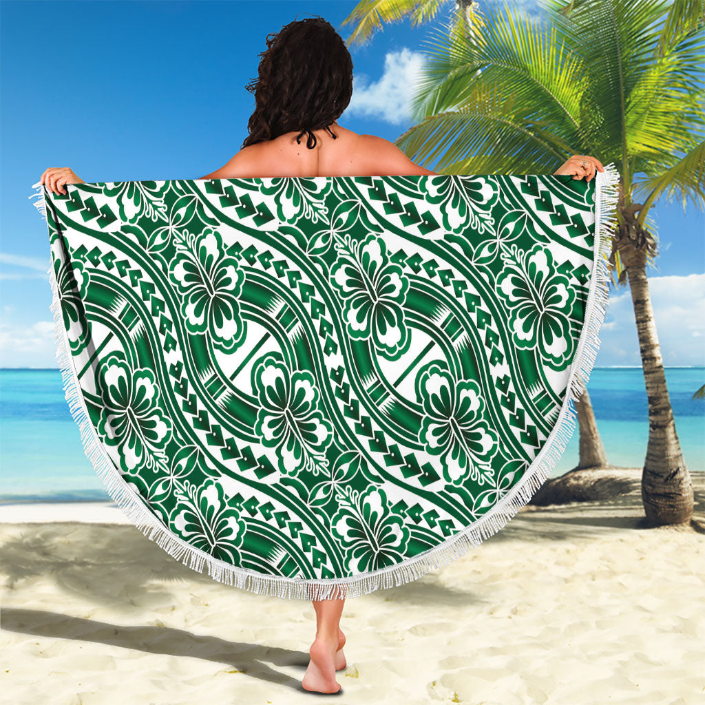 Hibiscus Bloom Island Tribal Waves Beach Blanket Green Polynesian Pattern LT01 - Polynesian Pride