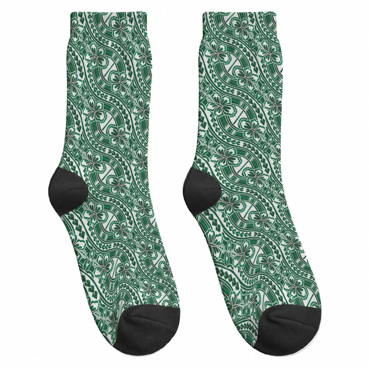 Hibiscus Bloom Island Tribal Waves Crew Socks Green Polynesian Pattern LT01 - Polynesian Pride