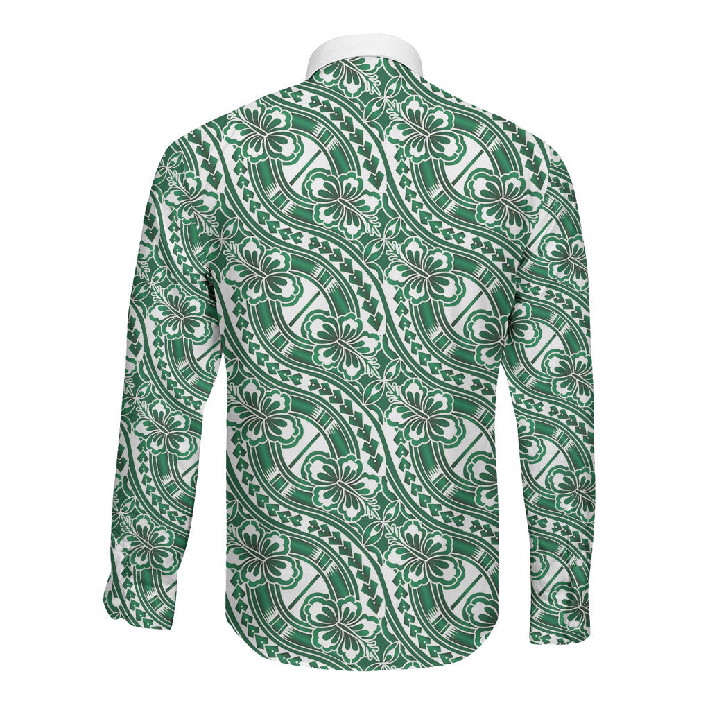 Hibiscus Bloom Island Tribal Waves Long Sleeve Button Shirt Green Polynesian Pattern LT01 - Polynesian Pride