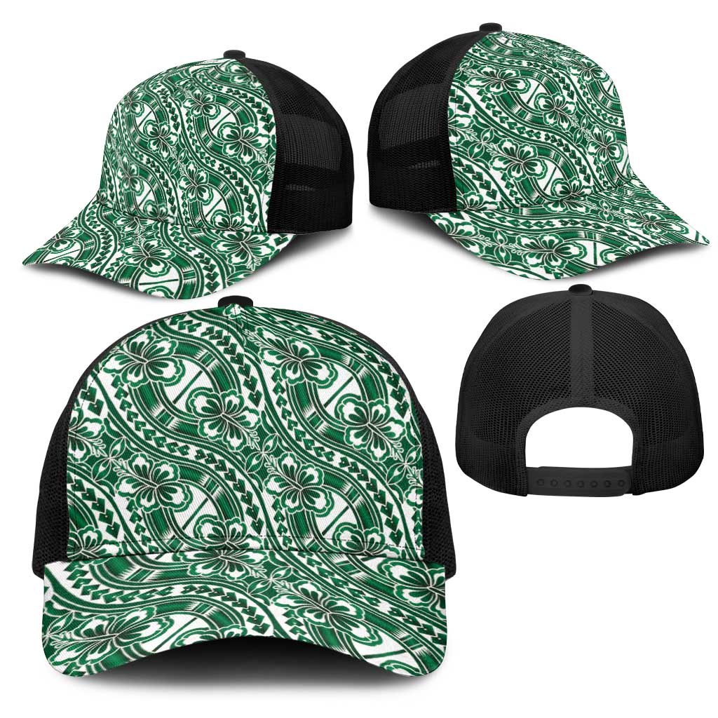 Hibiscus Bloom Island Tribal Waves Mesh Trucker Cap Green Polynesian Pattern LT01 - Polynesian Pride