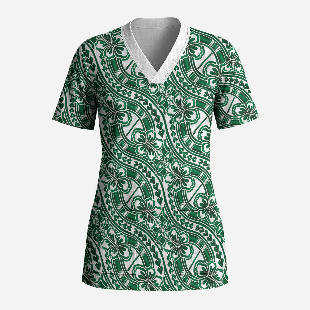 Hibiscus Bloom Island Tribal Waves Scrub Top Green Polynesian Pattern LT01 Adult Green - Polynesian Pride