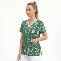 Hibiscus Bloom Island Tribal Waves Scrub Top Green Polynesian Pattern LT01 - Polynesian Pride