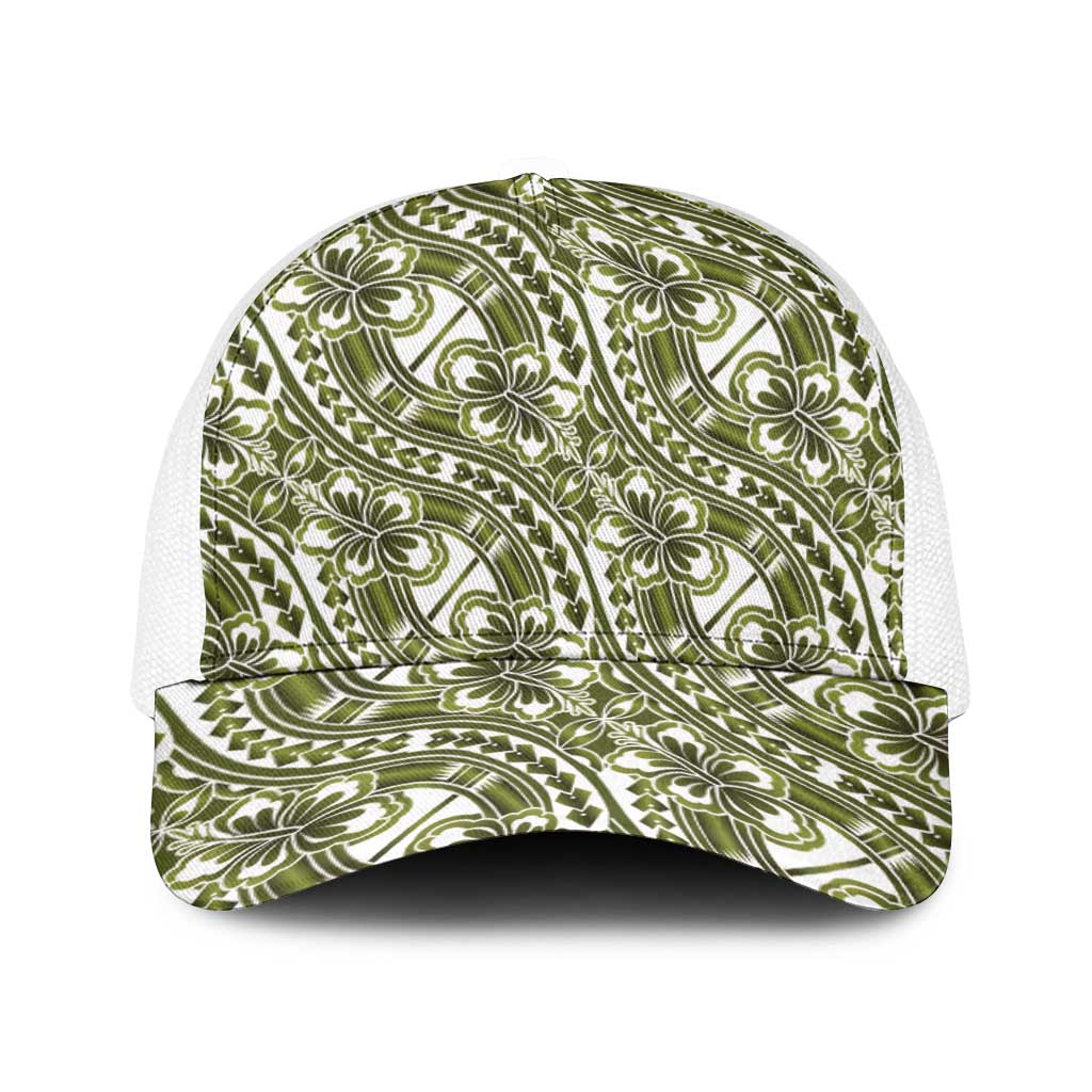 Hibiscus Bloom Island Tribal Waves Baseball Net Cap Olive Green Polynesian Pattern LT01 One Size White Olive Green - Polynesian Pride