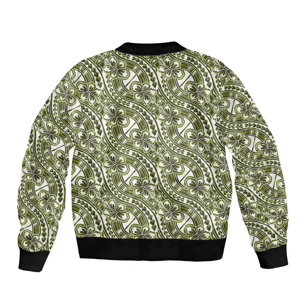 Hibiscus Bloom Island Tribal Waves Bomber Jacket Olive Green Polynesian Pattern LT01 - Polynesian Pride