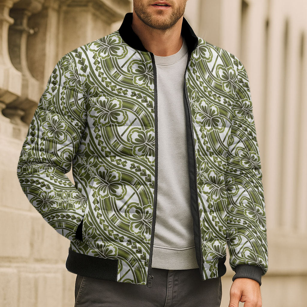 Hibiscus Bloom Island Tribal Waves Bomber Puffer Jacket Olive Green Polynesian Pattern LT01 - Polynesian Pride