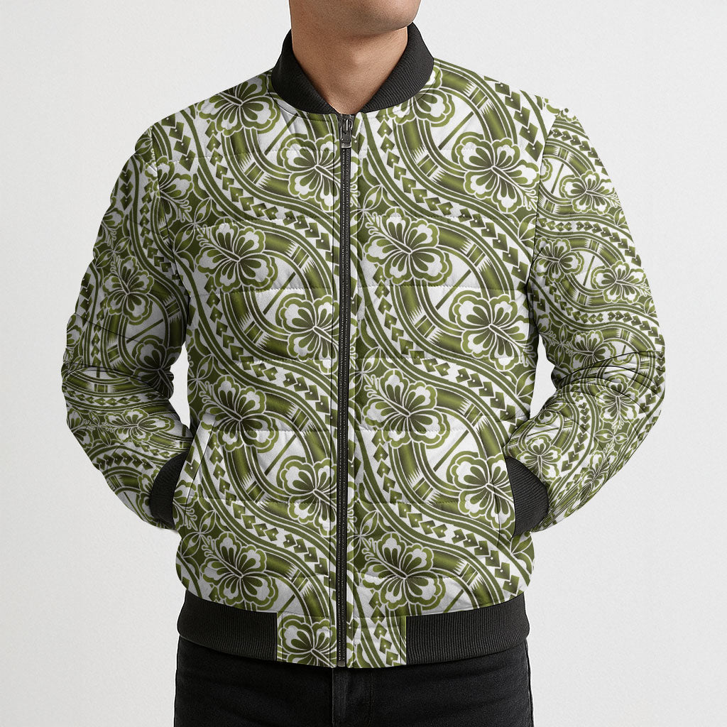 Hibiscus Bloom Island Tribal Waves Bomber Puffer Jacket Olive Green Polynesian Pattern LT01 - Polynesian Pride