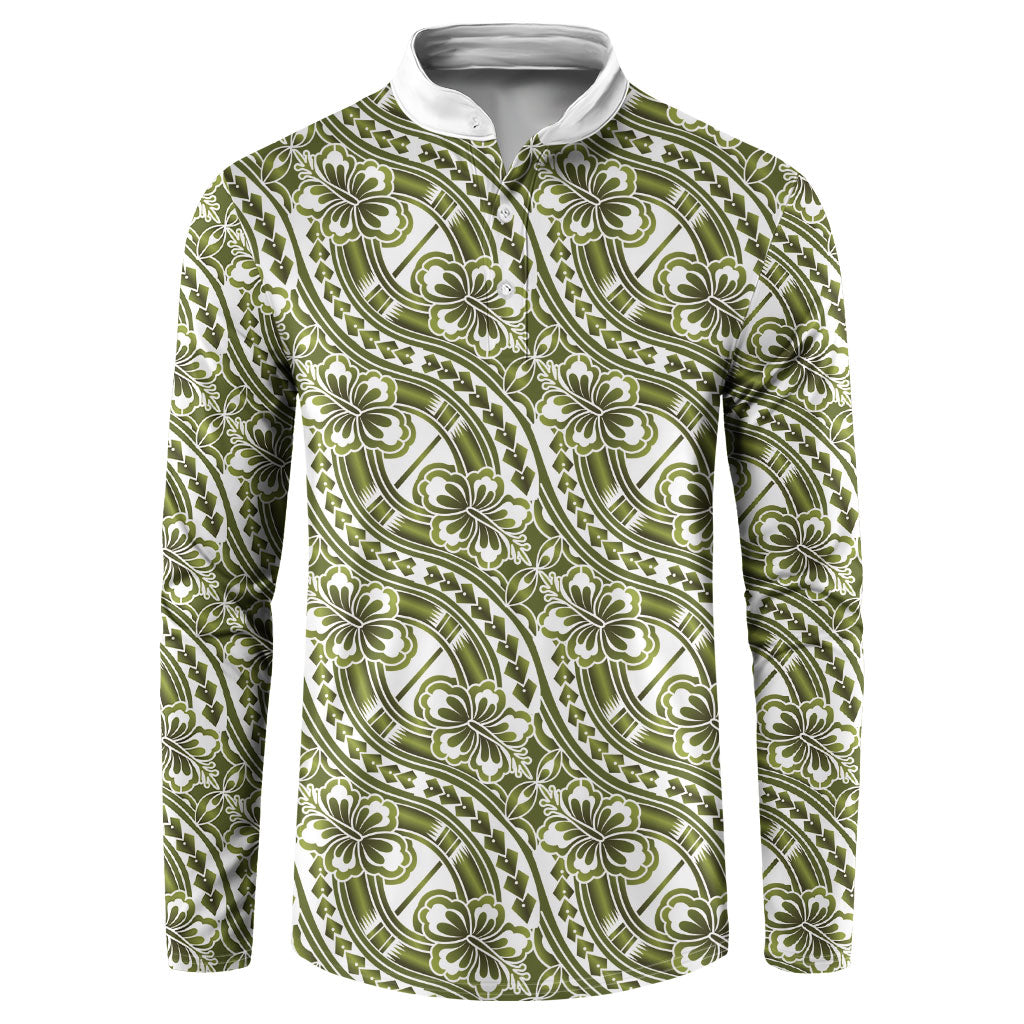 Hibiscus Bloom Island Tribal Waves Button Sweatshirt Olive Green Polynesian Pattern LT01 Olive Green - Polynesian Pride