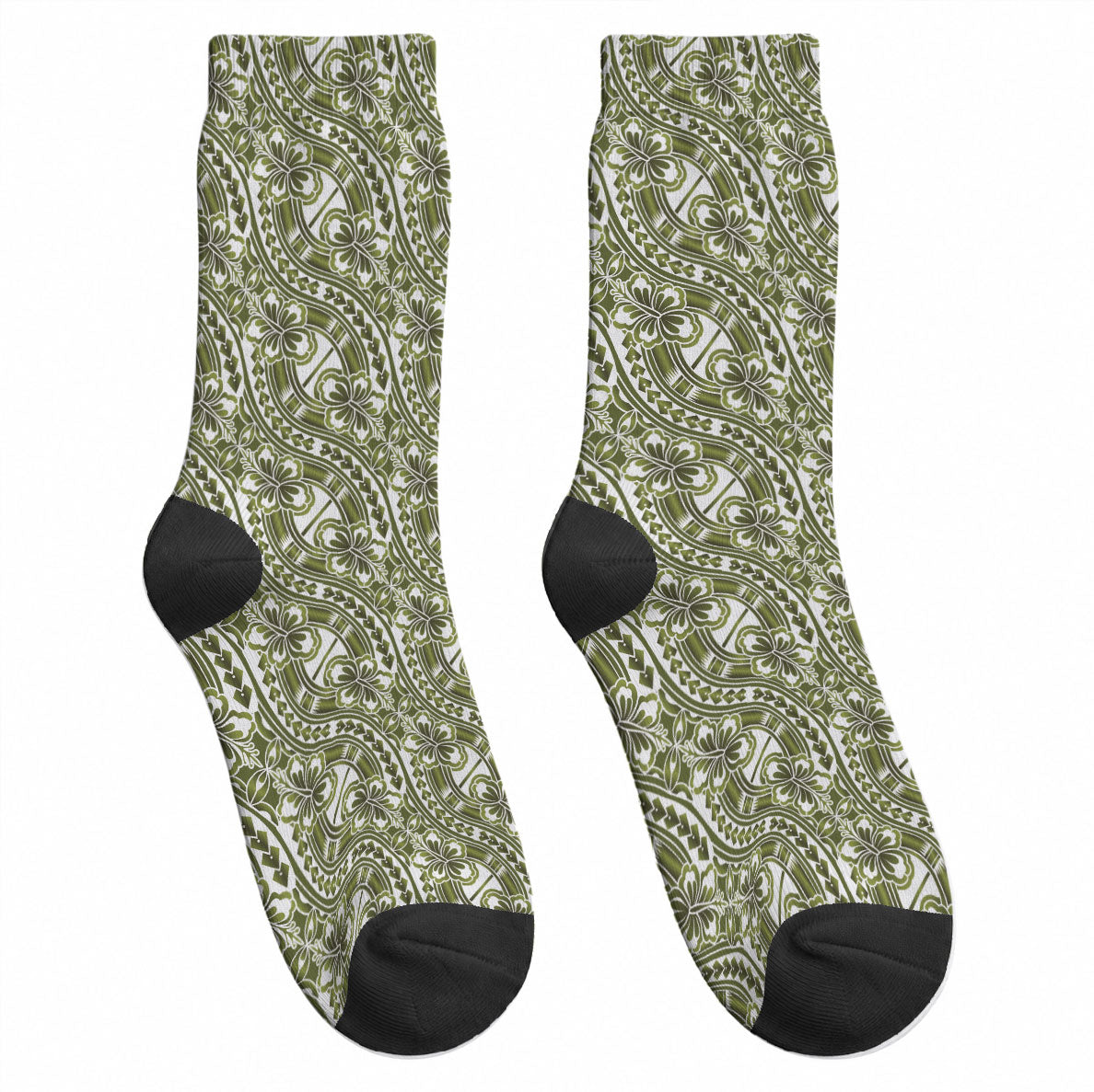 Hibiscus Bloom Island Tribal Waves Crew Socks Olive Green Polynesian Pattern LT01 - Polynesian Pride