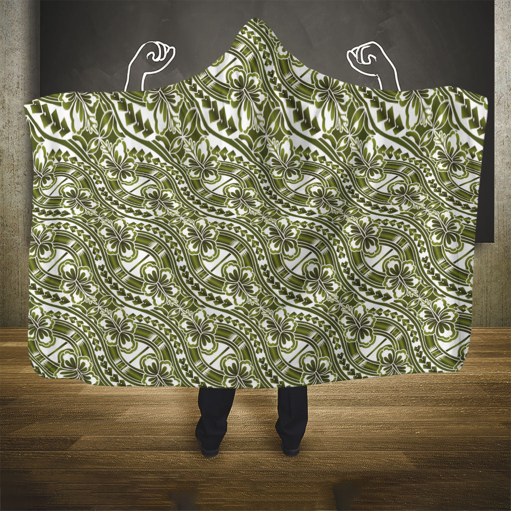 Hibiscus Bloom Island Tribal Waves Hooded Blanket Olive Green Polynesian Pattern LT01 - Polynesian Pride