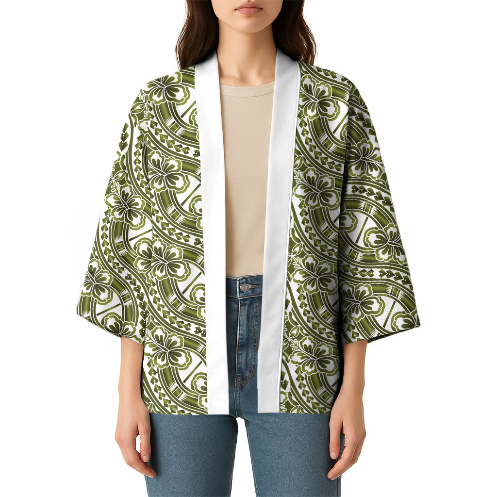 Hibiscus Bloom Island Tribal Waves Kimono Olive Green Polynesian Pattern LT01 - Polynesian Pride