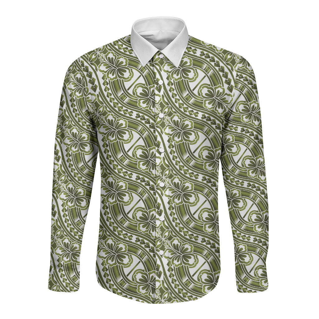 Hibiscus Bloom Island Tribal Waves Long Sleeve Button Shirt Olive Green Polynesian Pattern LT01 Unisex Olive Green - Polynesian Pride