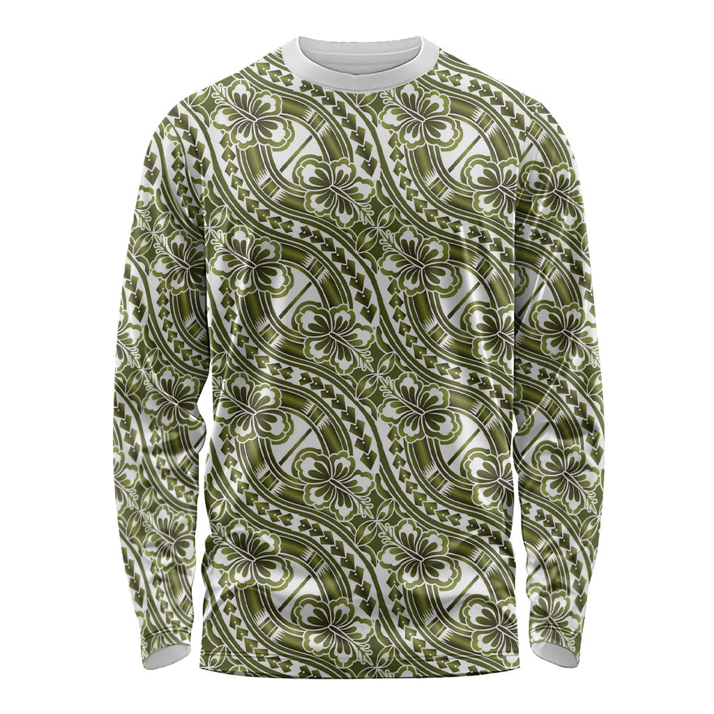 Hibiscus Bloom Island Tribal Waves Long Sleeve Shirt Olive Green Polynesian Pattern LT01 Unisex Olive Green - Polynesian Pride