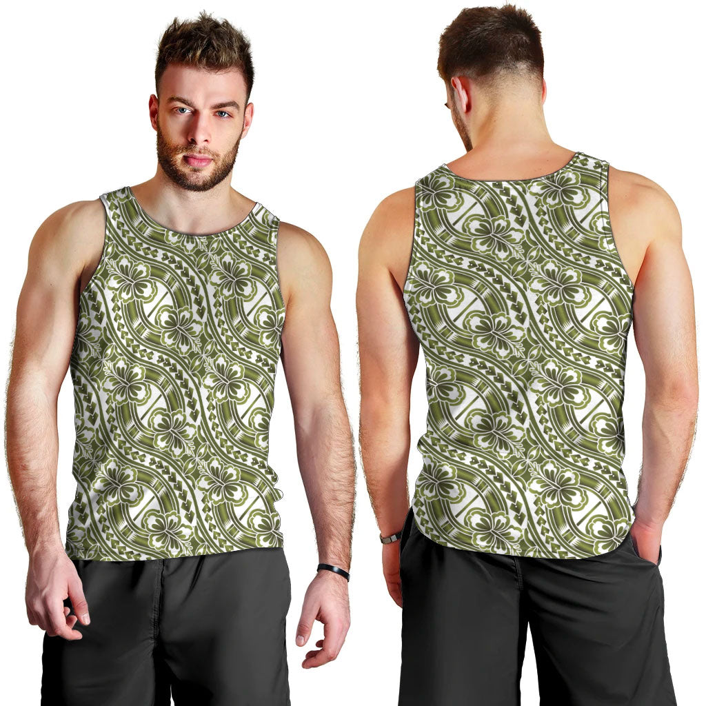 Hibiscus Bloom Island Tribal Waves Men Tank Top Olive Green Polynesian Pattern LT01 - Polynesian Pride