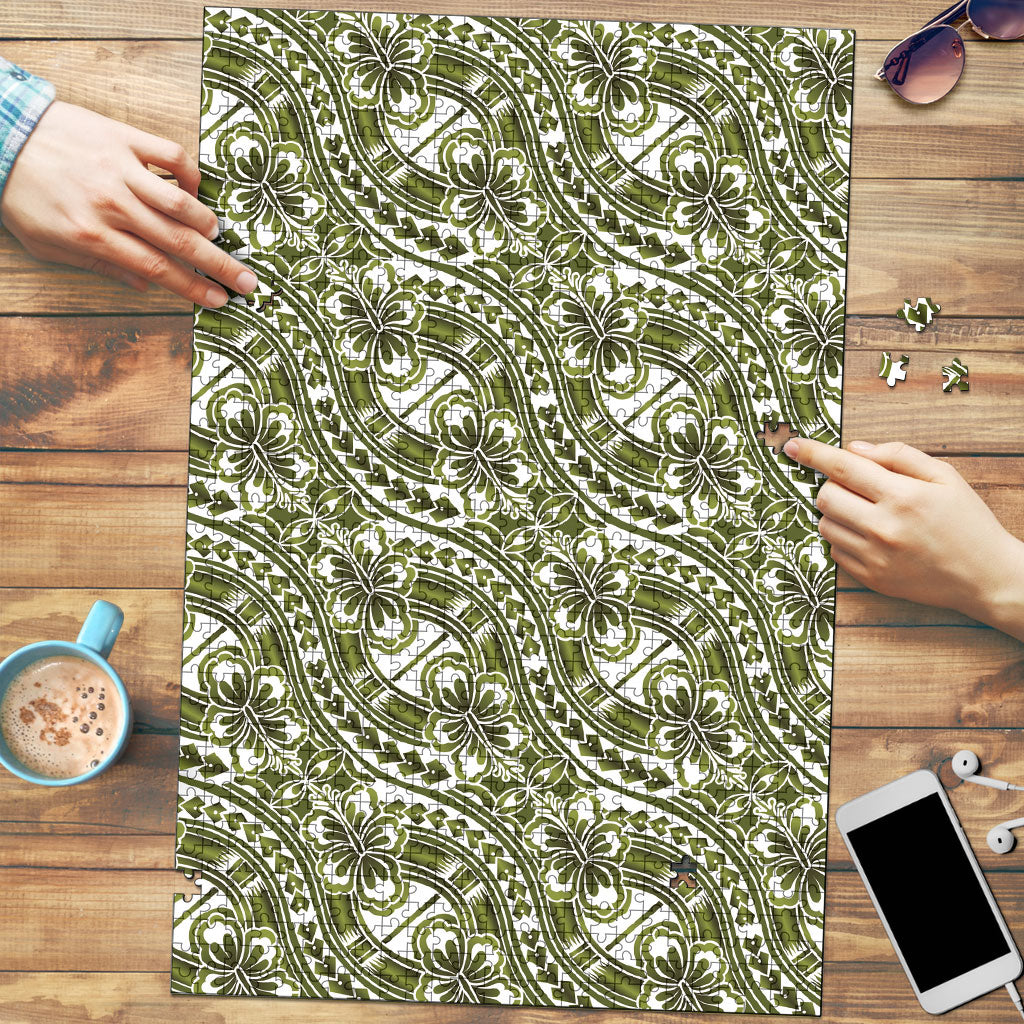 Hibiscus Bloom Island Tribal Waves Puzzle Olive Green Polynesian Pattern LT01 Olive Green - Polynesian Pride