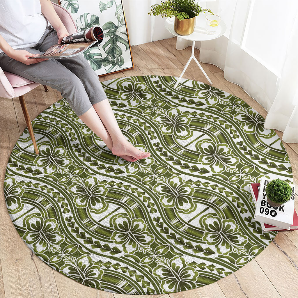 Hibiscus Bloom Island Tribal Waves Round Carpet Olive Green Polynesian Pattern LT01 - Polynesian Pride