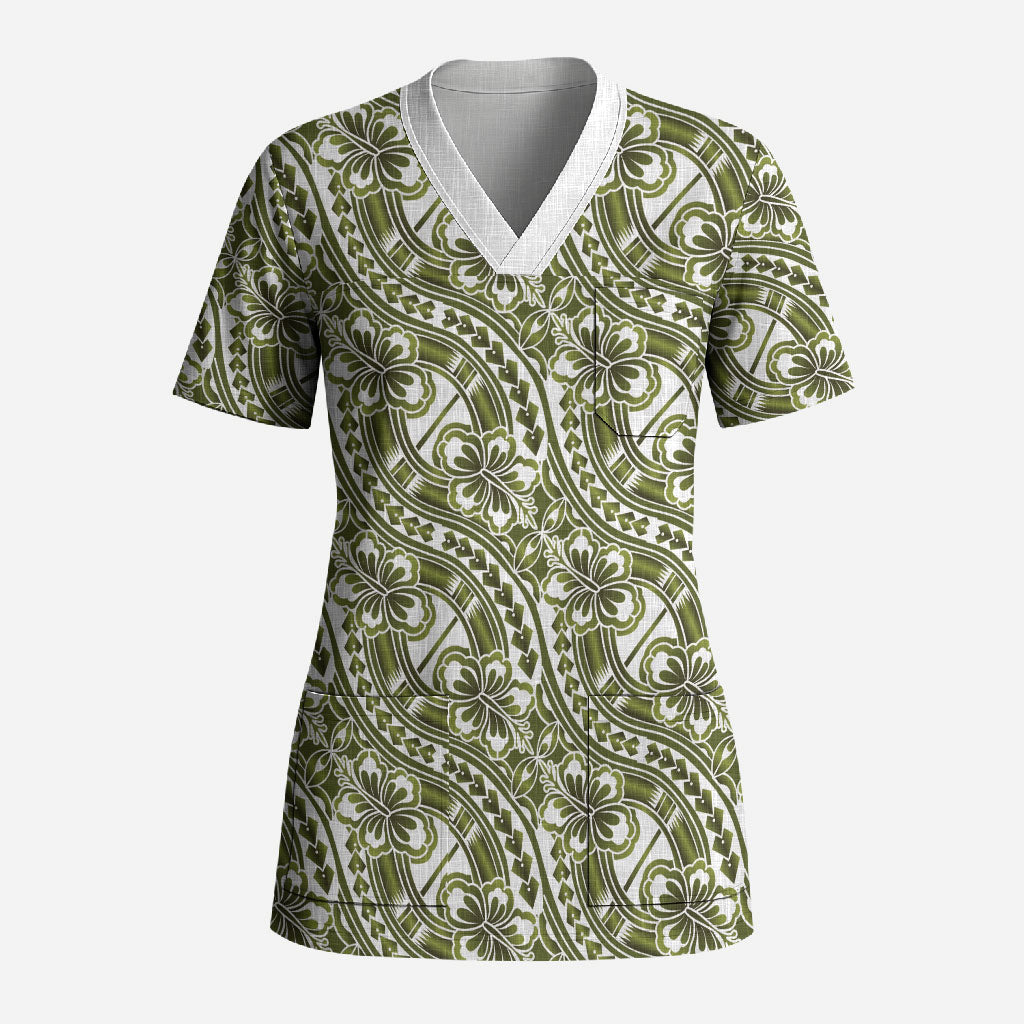 Hibiscus Bloom Island Tribal Waves Scrub Top Olive Green Polynesian Pattern LT01 Adult Olive Green - Polynesian Pride