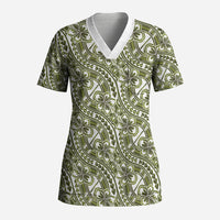 Hibiscus Bloom Island Tribal Waves Scrub Top Olive Green Polynesian Pattern LT01 Adult Olive Green - Polynesian Pride