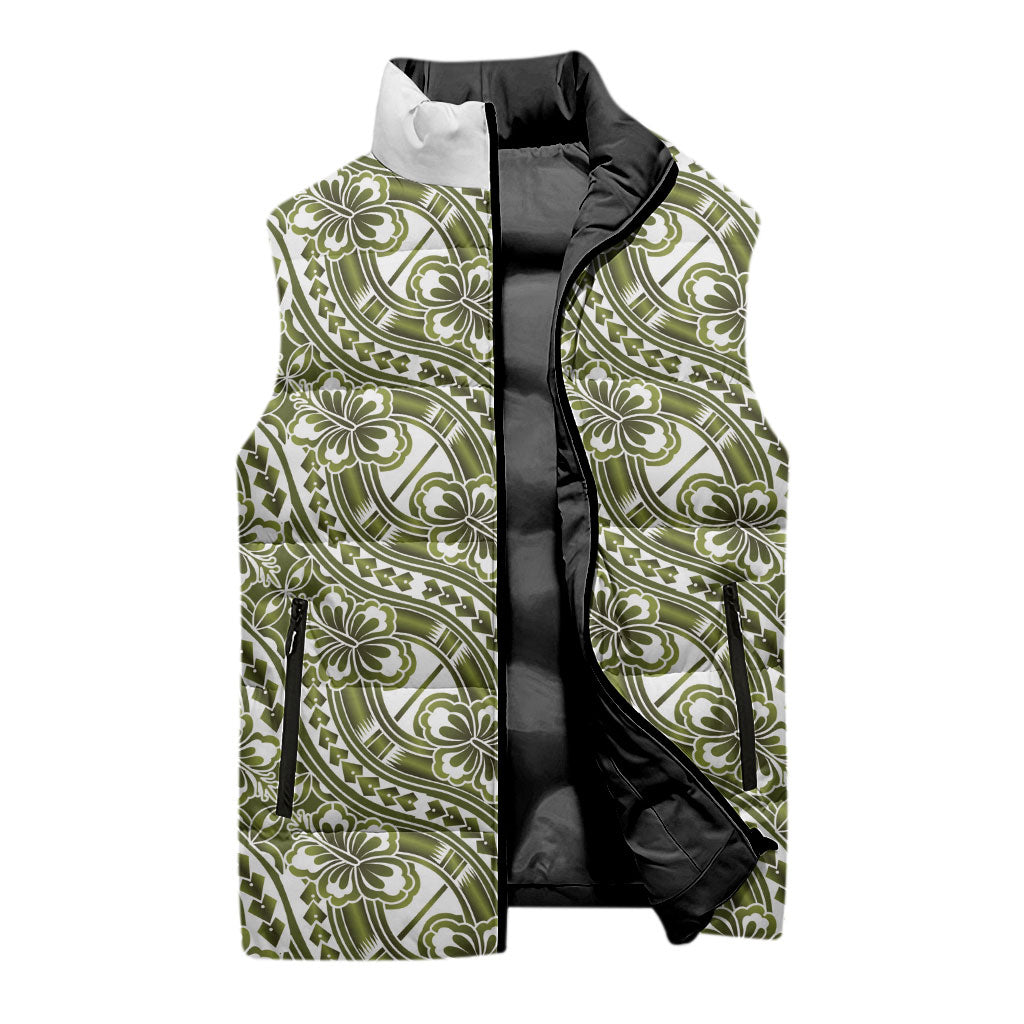 Hibiscus Bloom Island Tribal Waves Sleeveless Puffer Jacket Olive Green Polynesian Pattern LT01 - Polynesian Pride