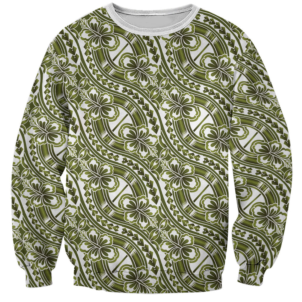 Hibiscus Bloom Island Tribal Waves Sweatshirt Olive Green Polynesian Pattern LT01 Unisex Olive Green - Polynesian Pride