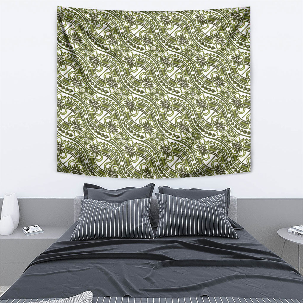 Hibiscus Bloom Island Tribal Waves Tapestry Olive Green Polynesian Pattern LT01 - Polynesian Pride
