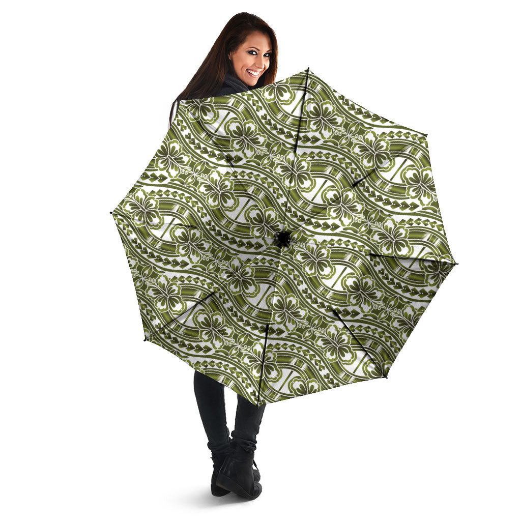 Hibiscus Bloom Island Tribal Waves Umbrella Olive Green Polynesian Pattern LT01 - Polynesian Pride