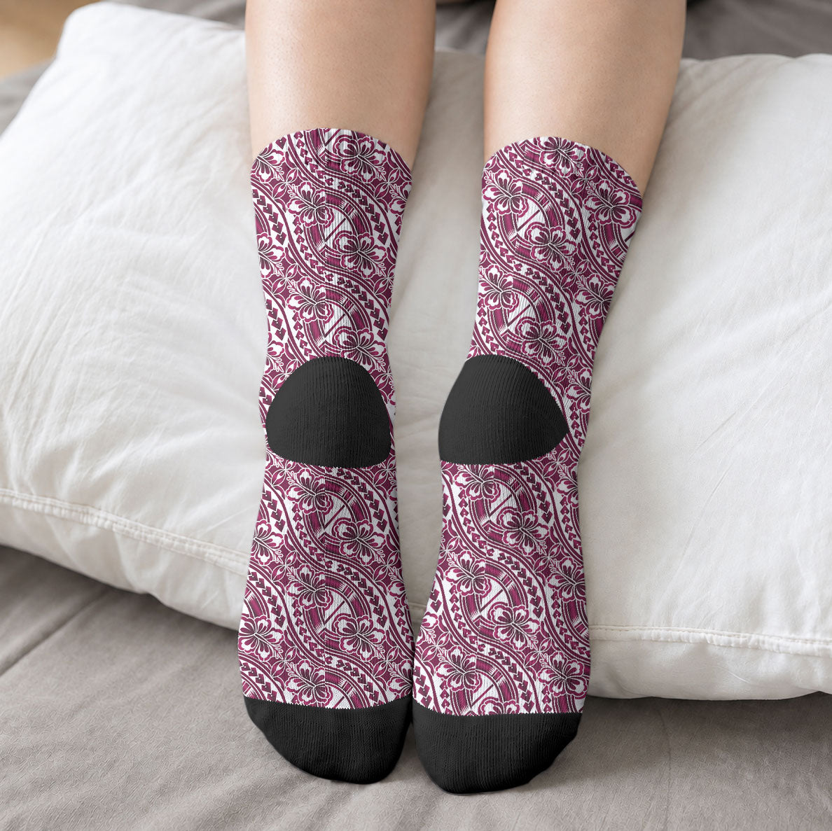 Hibiscus Bloom Island Tribal Waves Crew Socks Pink Polynesian Pattern LT01 - Polynesian Pride