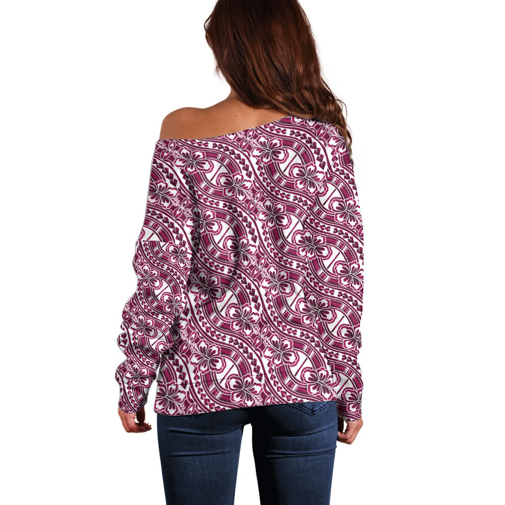 Hibiscus Bloom Island Tribal Waves Off Shoulder Sweater Pink Polynesian Pattern LT01 - Polynesian Pride