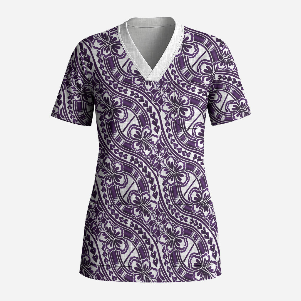 Hibiscus Bloom Island Tribal Waves Scrub Top Purple Polynesian Pattern LT01 Adult Purple - Polynesian Pride