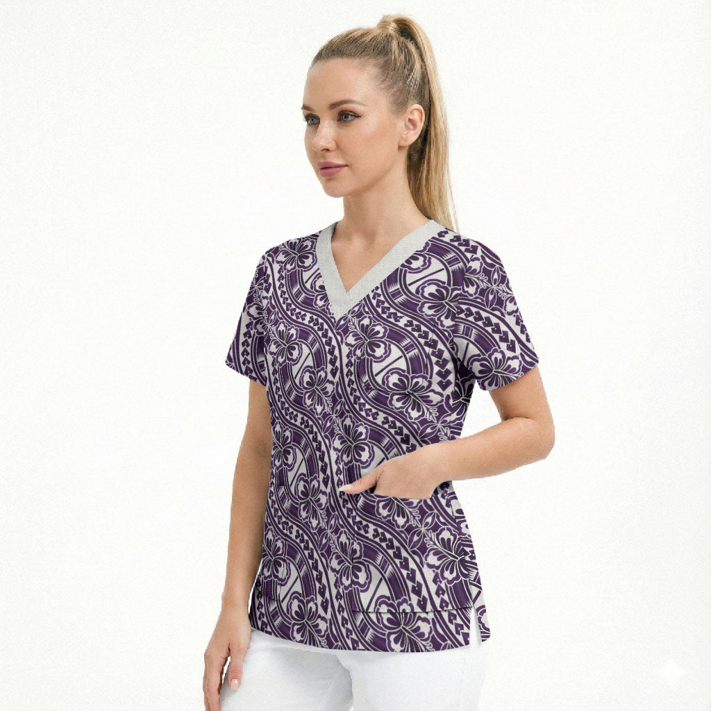Hibiscus Bloom Island Tribal Waves Scrub Top Purple Polynesian Pattern LT01 - Polynesian Pride