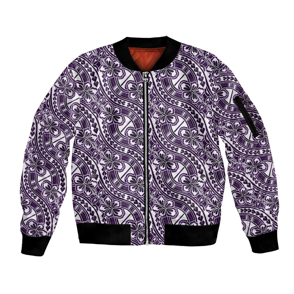 Hibiscus Bloom Island Tribal Waves Sleeve Zip Bomber Jacket Purple Polynesian Pattern LT01 Unisex Purple - Polynesian Pride