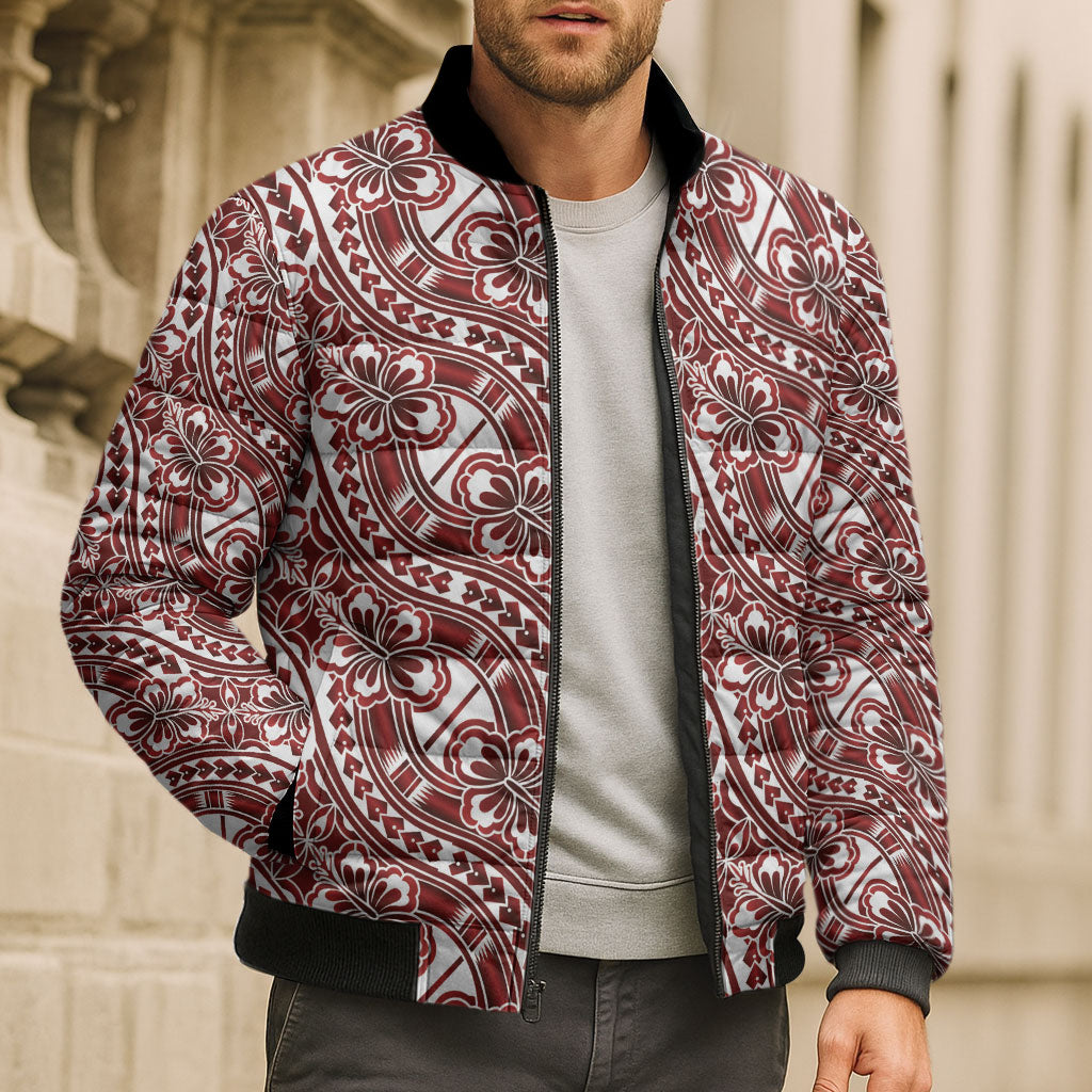 Hibiscus Bloom Island Tribal Waves Bomber Puffer Jacket Red Polynesian Pattern LT01 - Polynesian Pride