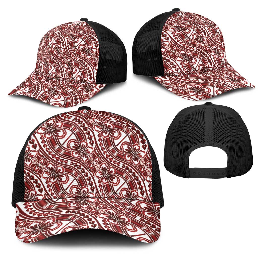 Hibiscus Bloom Island Tribal Waves Mesh Trucker Cap Red Polynesian Pattern LT01 - Polynesian Pride
