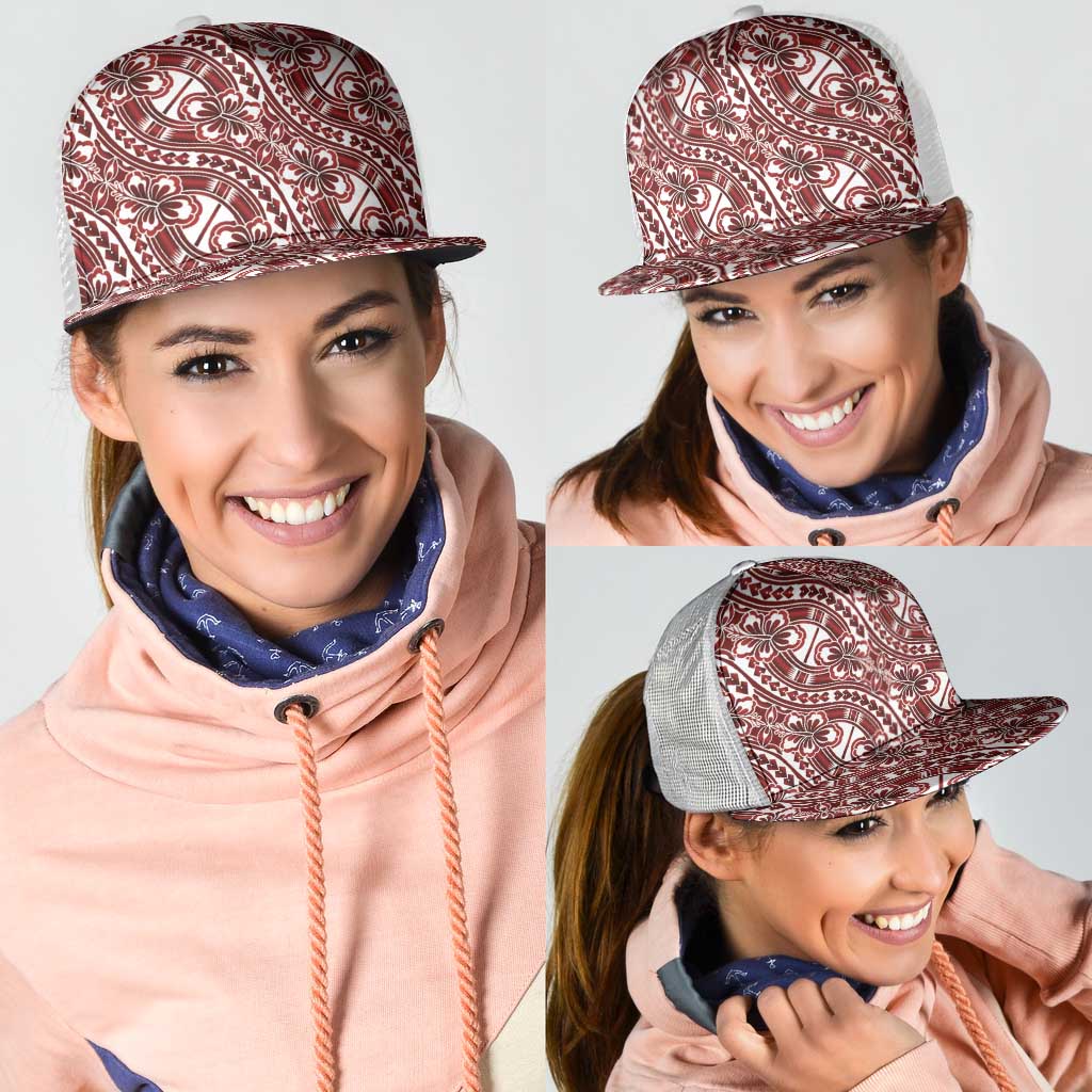Hibiscus Bloom Island Tribal Waves Mesh Trucker Cap Red Polynesian Pattern LT01 - Polynesian Pride