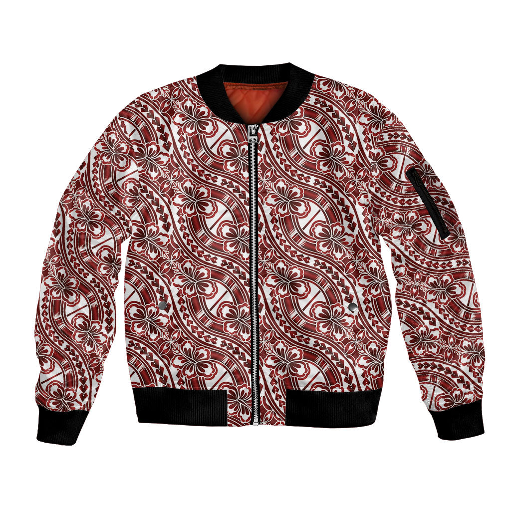 Hibiscus Bloom Island Tribal Waves Sleeve Zip Bomber Jacket Red Polynesian Pattern LT01 Unisex Red - Polynesian Pride