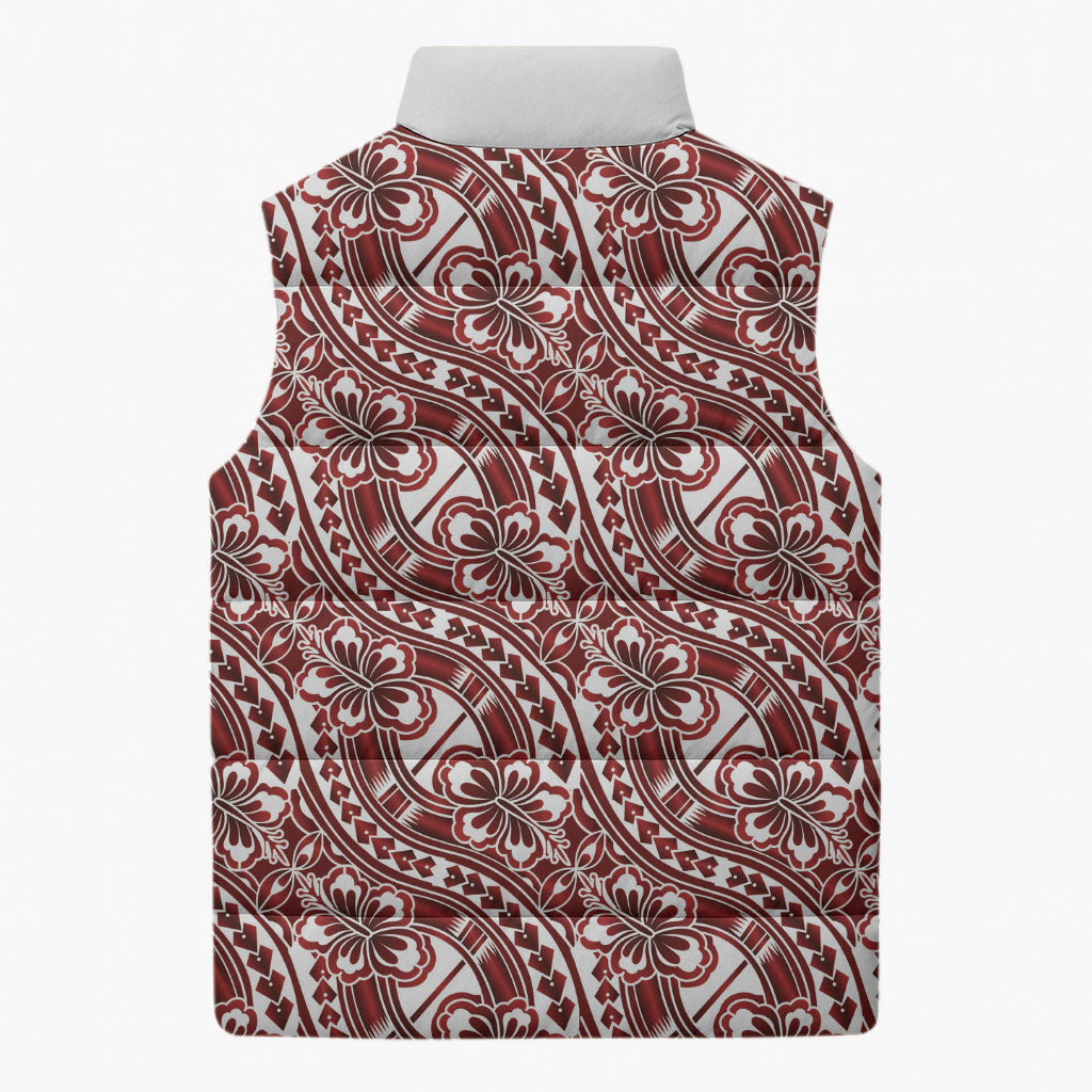 Hibiscus Bloom Island Tribal Waves Sleeveless Puffer Jacket Red Polynesian Pattern LT01 - Polynesian Pride