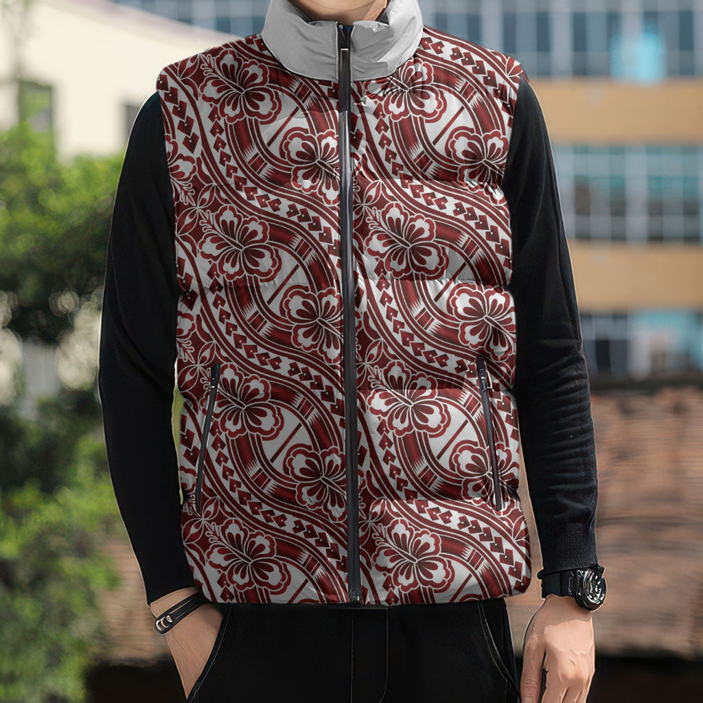 Hibiscus Bloom Island Tribal Waves Sleeveless Puffer Jacket Red Polynesian Pattern LT01 - Polynesian Pride