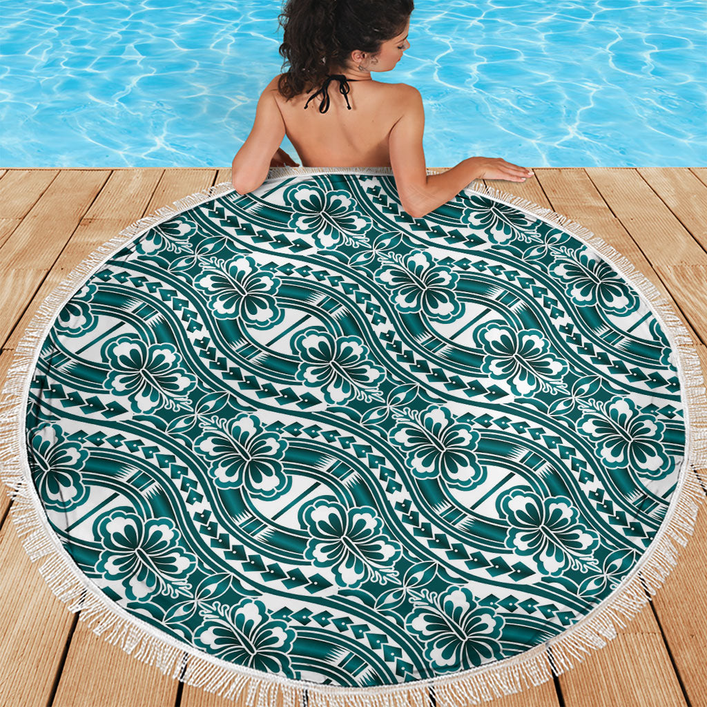 Hibiscus Bloom Island Tribal Waves Beach Blanket Teal Polynesian Pattern LT01 - Polynesian Pride