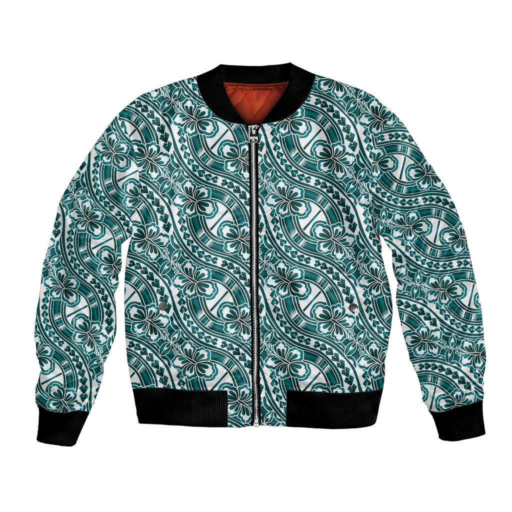 Hibiscus Bloom Island Tribal Waves Bomber Jacket Teal Polynesian Pattern LT01 Unisex Teal - Polynesian Pride
