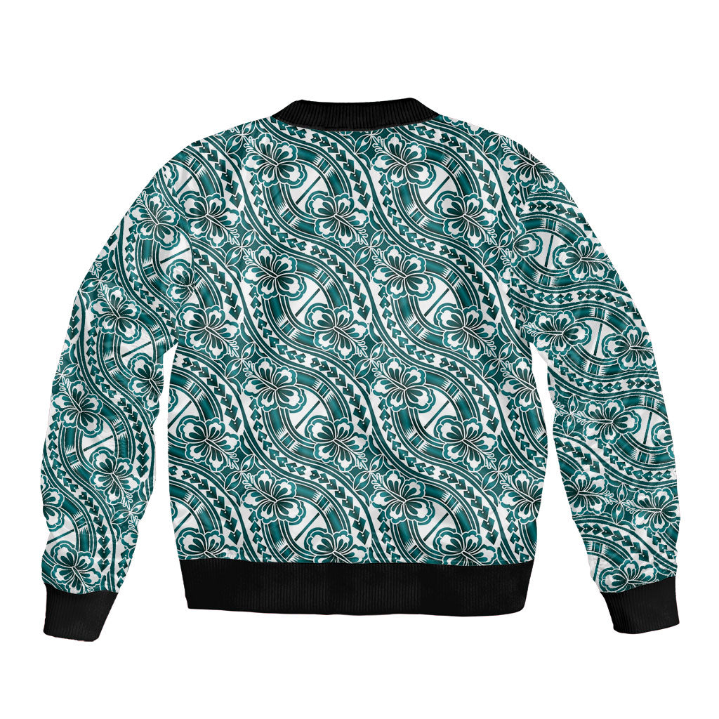 Hibiscus Bloom Island Tribal Waves Bomber Jacket Teal Polynesian Pattern LT01 - Polynesian Pride