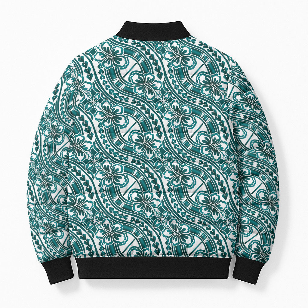 Hibiscus Bloom Island Tribal Waves Bomber Puffer Jacket Teal Polynesian Pattern LT01 - Polynesian Pride