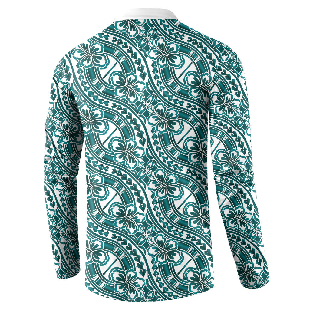 Hibiscus Bloom Island Tribal Waves Button Sweatshirt Teal Polynesian Pattern LT01 - Polynesian Pride