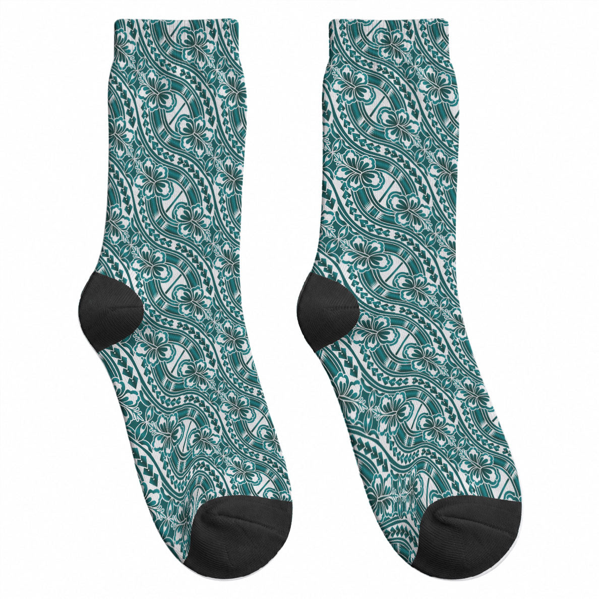 Hibiscus Bloom Island Tribal Waves Crew Socks Teal Polynesian Pattern LT01 - Polynesian Pride