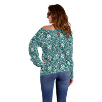 Hibiscus Bloom Island Tribal Waves Off Shoulder Sweater Teal Polynesian Pattern LT01 - Polynesian Pride