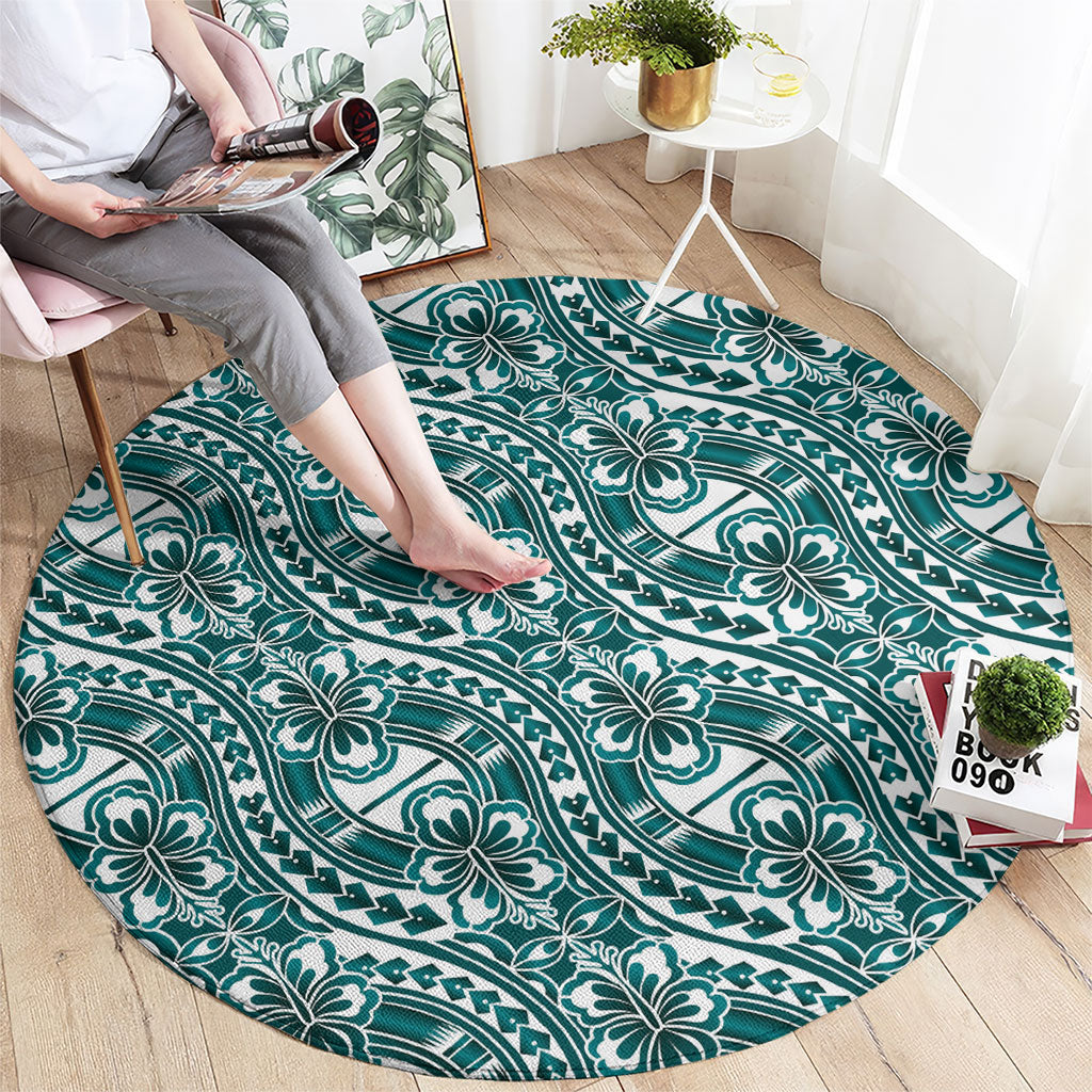 Hibiscus Bloom Island Tribal Waves Round Carpet Teal Polynesian Pattern LT01 - Polynesian Pride