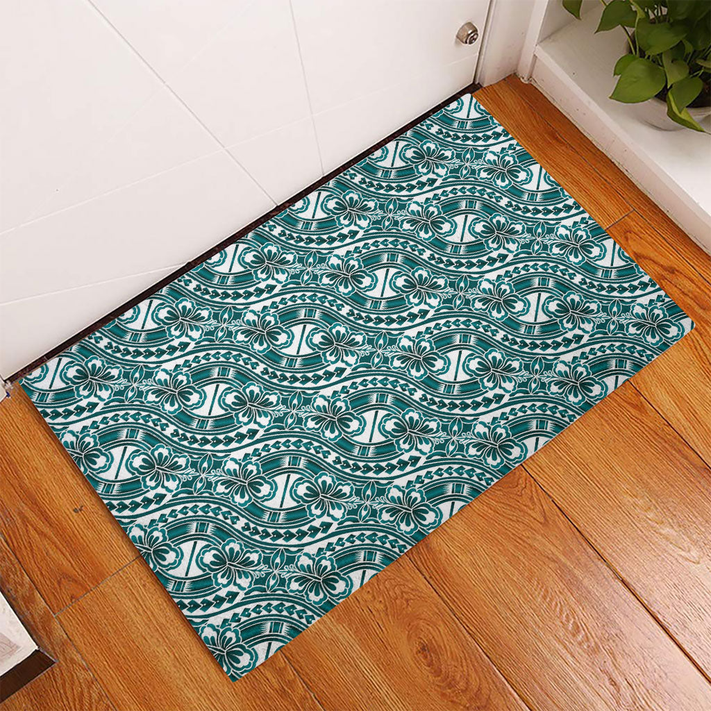 Hibiscus Bloom Island Tribal Waves Rubber Doormat Teal Polynesian Pattern LT01 - Polynesian Pride