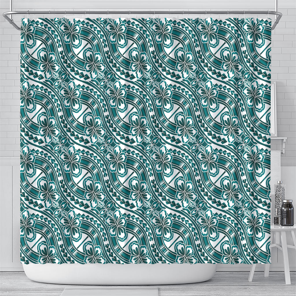 Hibiscus Bloom Island Tribal Waves Shower Curtain Teal Polynesian Pattern LT01 - Polynesian Pride