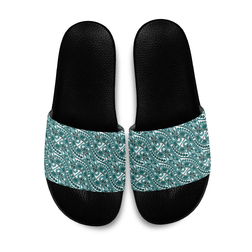 Hibiscus Bloom Island Tribal Waves Slide Sandals Teal Polynesian Pattern LT01 Teal - Polynesian Pride