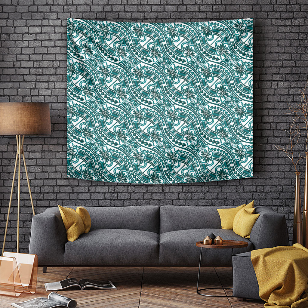 Hibiscus Bloom Island Tribal Waves Tapestry Teal Polynesian Pattern LT01 Teal - Polynesian Pride