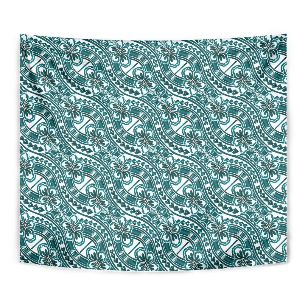 Hibiscus Bloom Island Tribal Waves Tapestry Teal Polynesian Pattern LT01 - Polynesian Pride