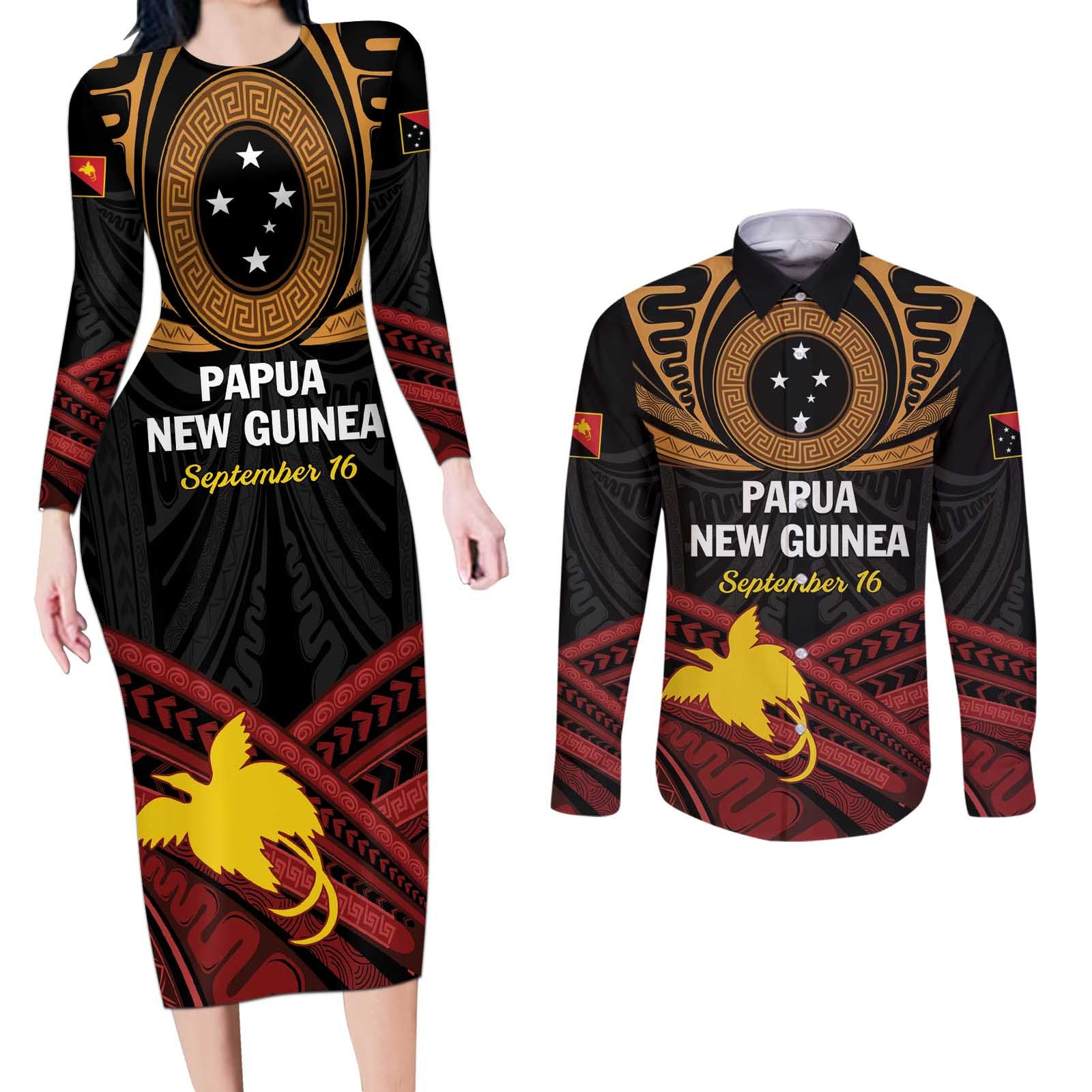 Papua New Guinea Bird of Paradise Couples Matching Long Sleeve Bodycon Dress and Long Sleeve Button Shirt 16 September 1975 Independence Day Anniversary